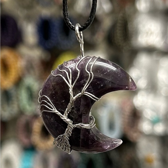 Amethyst Crescent Moon Natural Gemstone Tree Of Life Wire Wrap Pendant - Picture 2 of 4